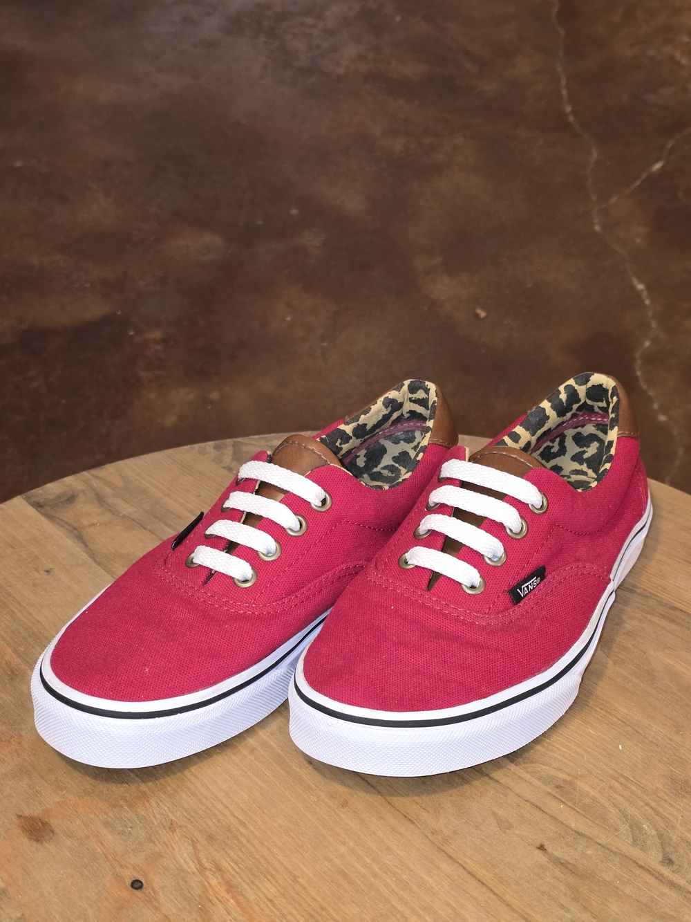 VANS Era 59 Red Canvas Sneakers Brown Leather & Leopard Lining W7 M5.5